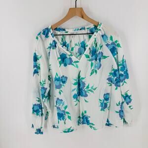 J. Crew Factory White Blue Peasant Long Sleeve Top Spring Happy Floral Size XXL